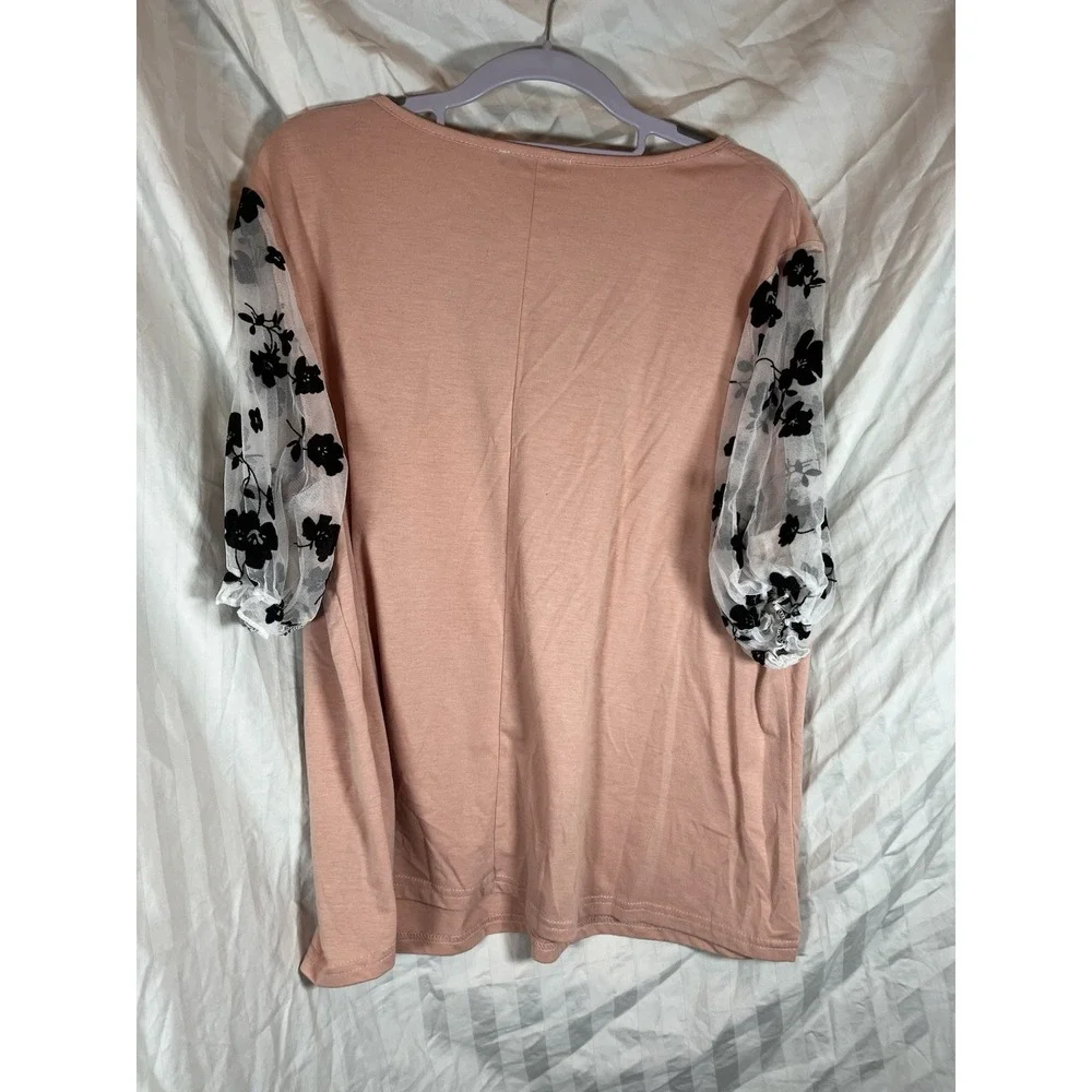 Shein Curve Pink V-Neck Top Floral Sheer Mesh Puff Sleeve Blouse 1XL Plus Size - Picture 5 of 5